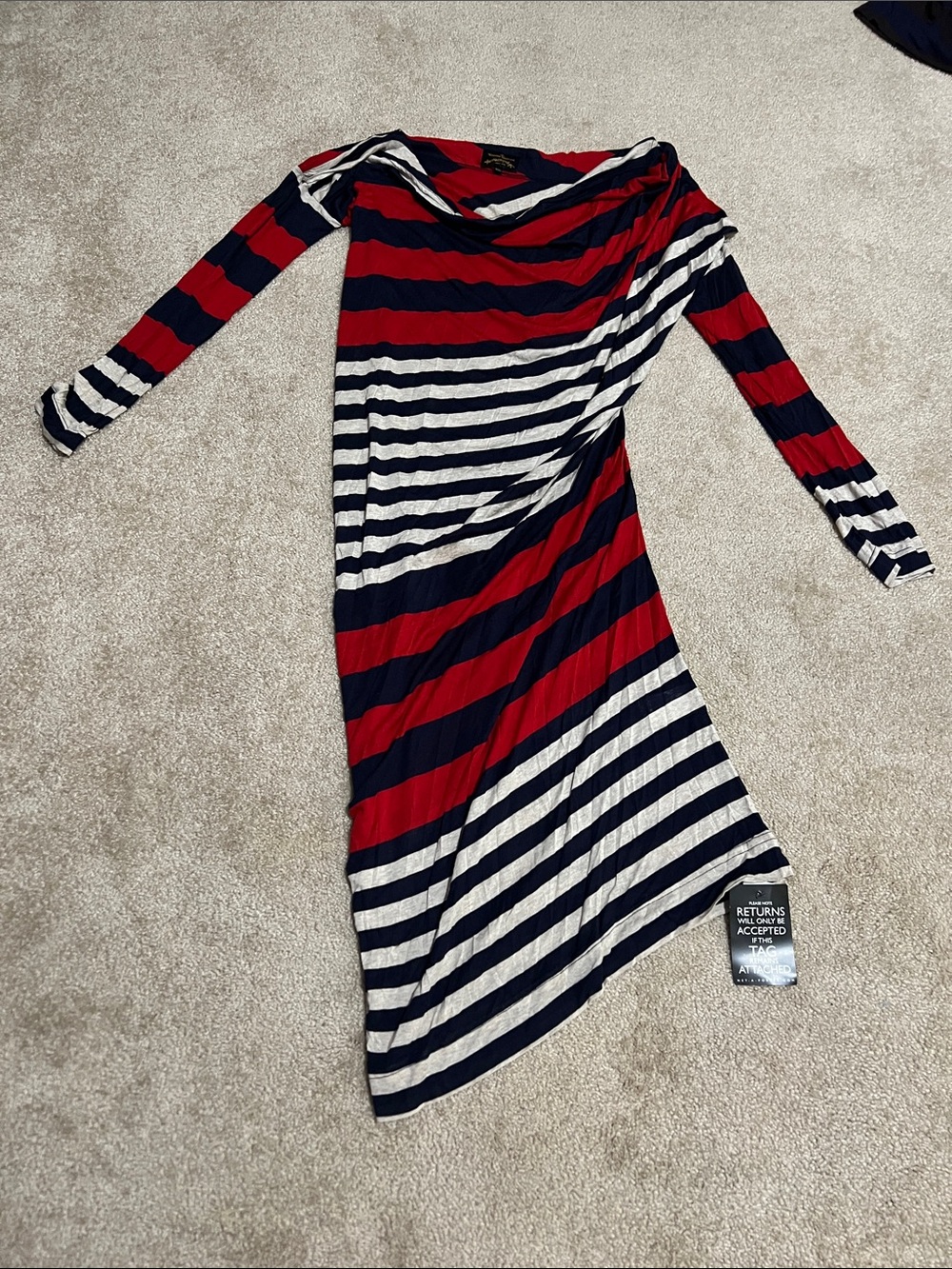 Vivienne Westwood Red, Navy and Tan Asymmetrical Striped Dress